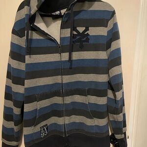 Zoo York Men's Blue and Gray Striped Zip-Up Sweater